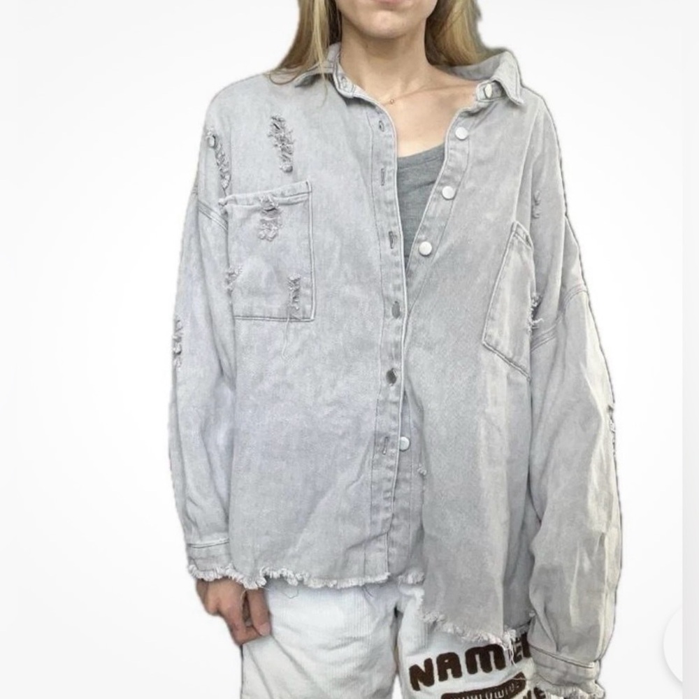 POL grey distressed Jean jacket, shirt jacket, small